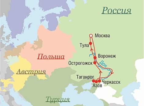 Маршрут поездок Петра I - 1696 г.
