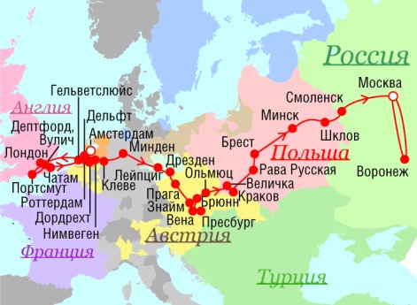 Маршрут поездок Петра I - 1698 г.
