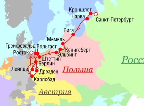 Маршрут поездок Петра I - 1712 г.