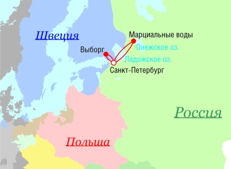 Маршрут поездок Петра I - 1720 г.