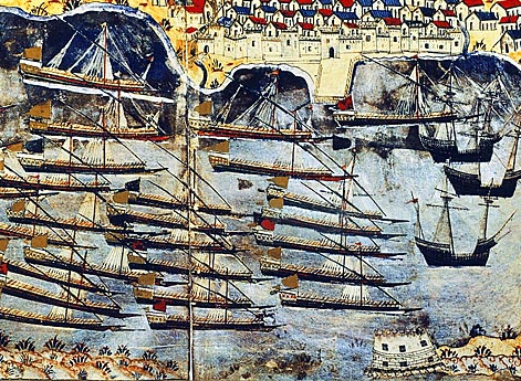 Османский флот на якоре во французском порту Тулон в 1543 году.
