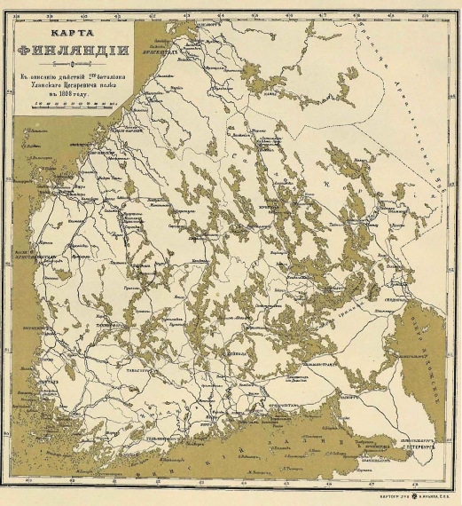 Карта Финляндии. К описанию действий 2-го батальона Уланского Цесаревича полка в 1808 году