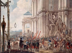 Екатерина II на балконе Зимнего дворца, приветствуемая гвардией и народом в день переворота 28 июня 1762 года. Неизвестный худ. Картон, акварель, гуашь. 