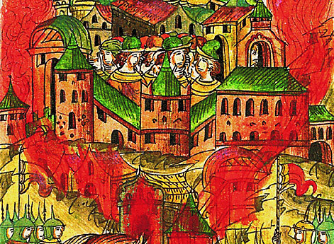 Сожжение московского посада для защиты городских стен во время осады Москвы темником Золотой Орды Едигеем в 1408 году.
