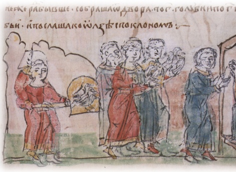 Сбор древлянами птиц; приношение дани Ольге по три голубя и по три воробья со двора.