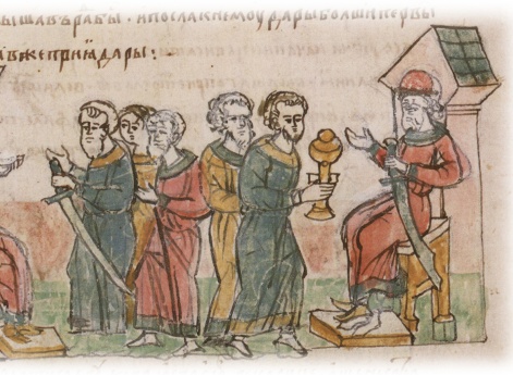 Приход послов Святослава Игоревича в Дерестр к византийскому императоу с предложением мира; принятие Святославом даров императора