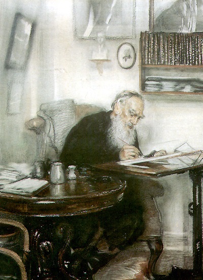 В. Н. Мешков. Л. Н. Толстой в яснополянской библиотеке (1910). Фрагмент
