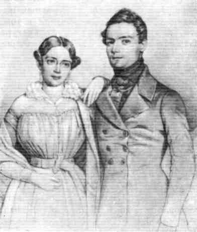 Иван Киреевский с женой. Литография Г. Митрейтера. 1830-е годы.