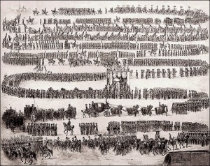 The funeral of Nicholas I. General view of the funeral procession. Drawing by Adolf Charlemagne. 1855